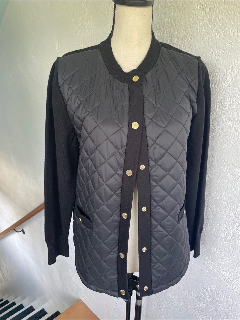 Jones New York NWT Black Quilted Snap-Front Utility Sweater Jacket w Pockets M